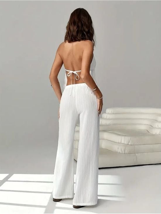 Women’s White Wide-Leg Two-Piece Set with Halter Top Sz S