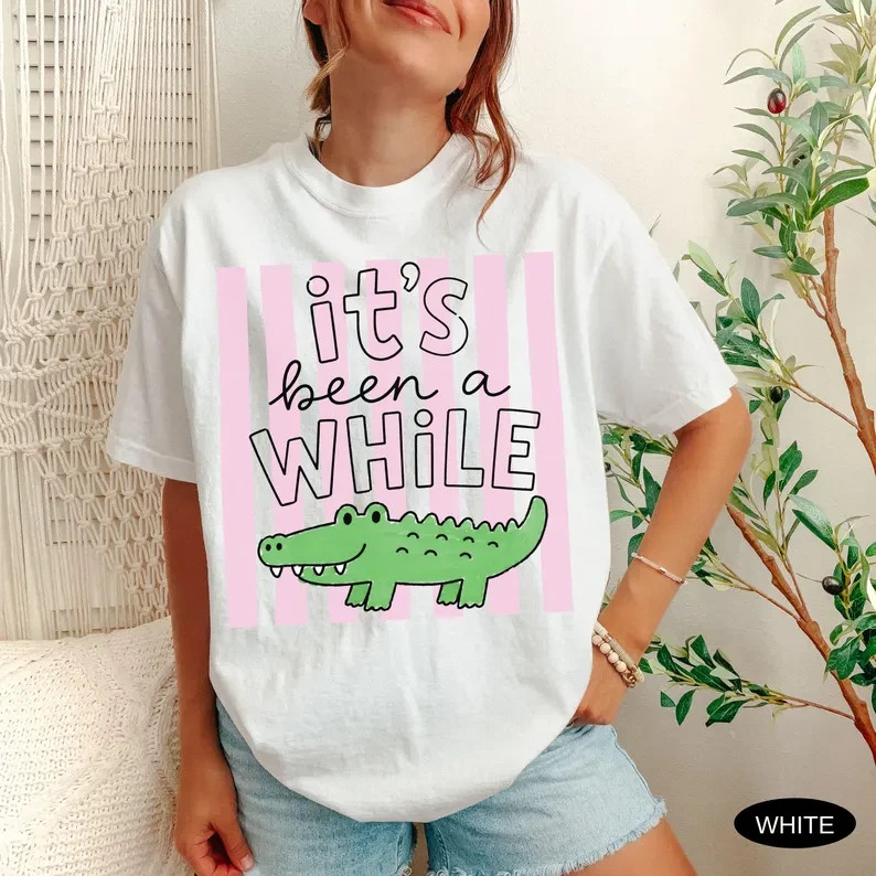 Funny Alligator T-Shirt Cute Retro Pink Stripe Crocodile Graphic Gildan Tee