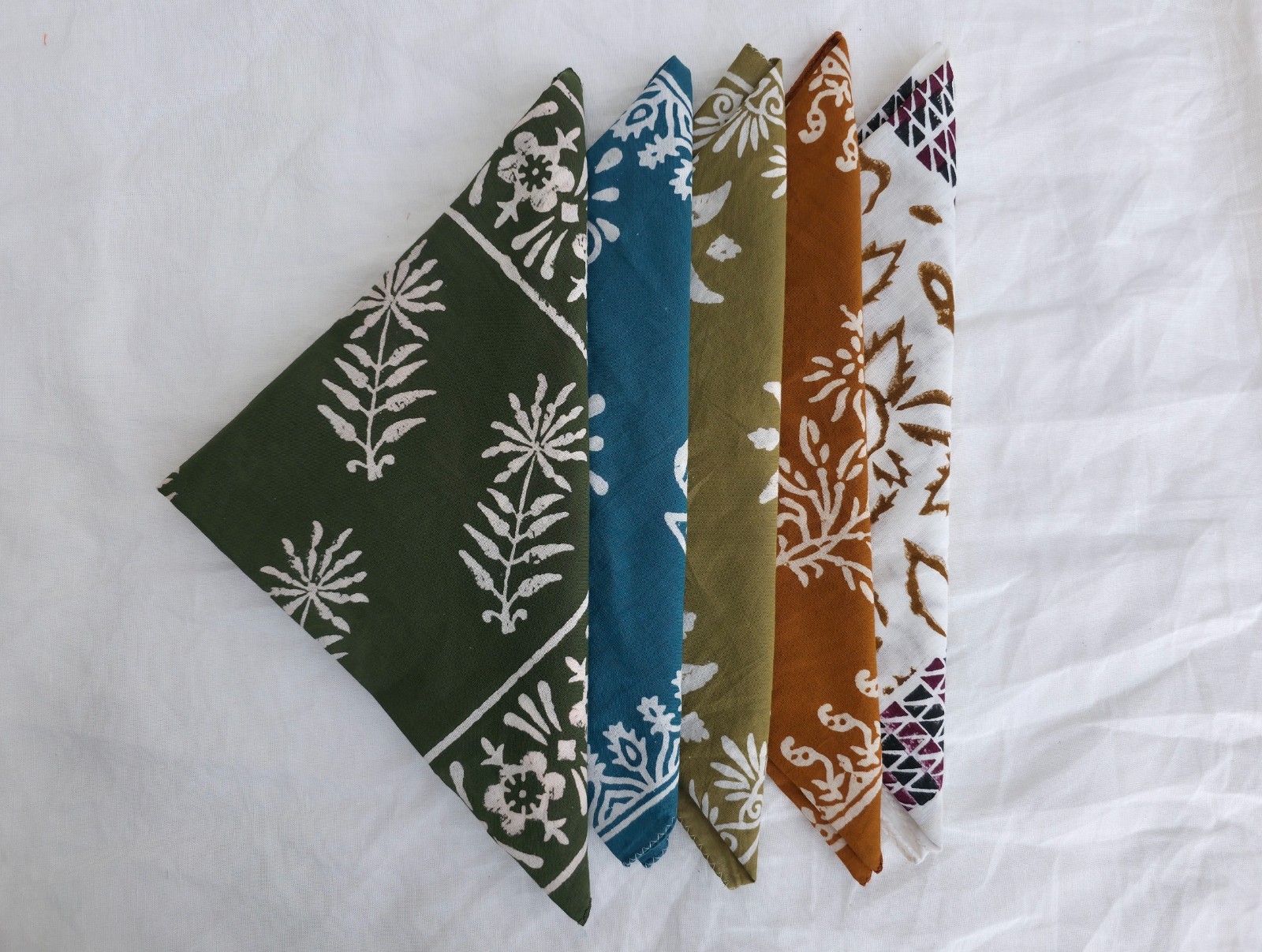 Organic Cotton Bandana Set of 5: Paisley Print Hand Blocked Scarves
