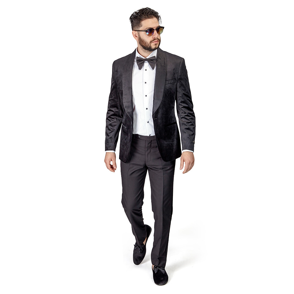 Black Shawl Lapel VELVET Jacket Slim Fit Tuxedo Black Pants 1Button BY AZAR MAN