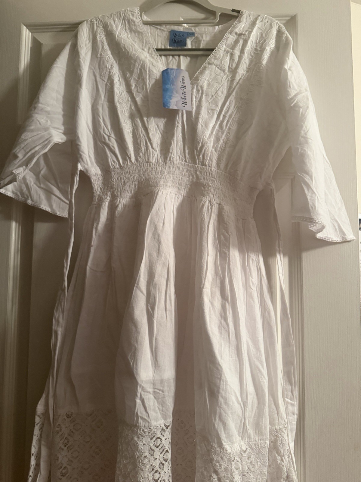 White Waves Embroidered Boho Beach Cover-Up Dress S/M NWT COTTON