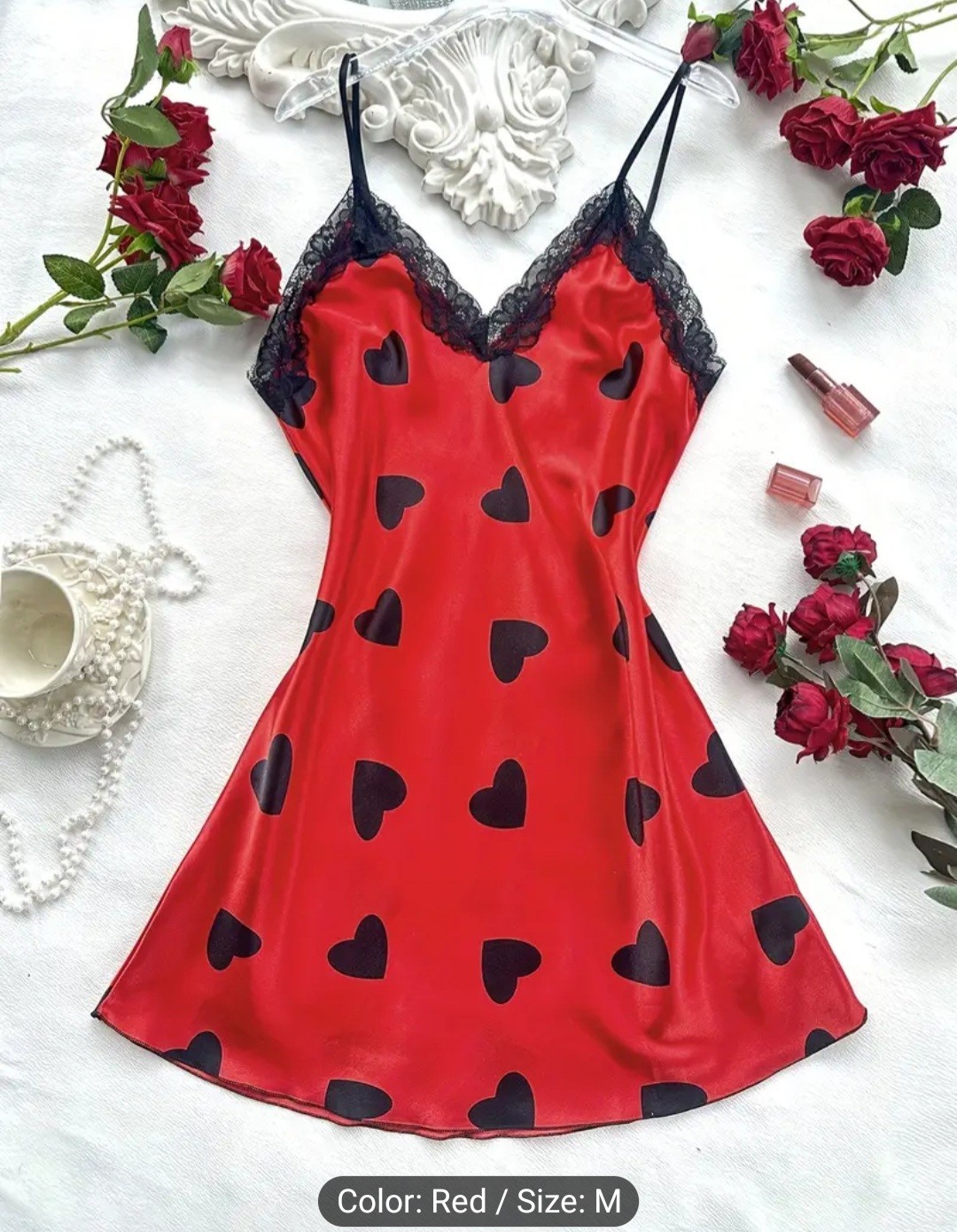 Heart Print Camisole Sleep Dress – Lace Trim, V-Neck, Machine Washable – Size M