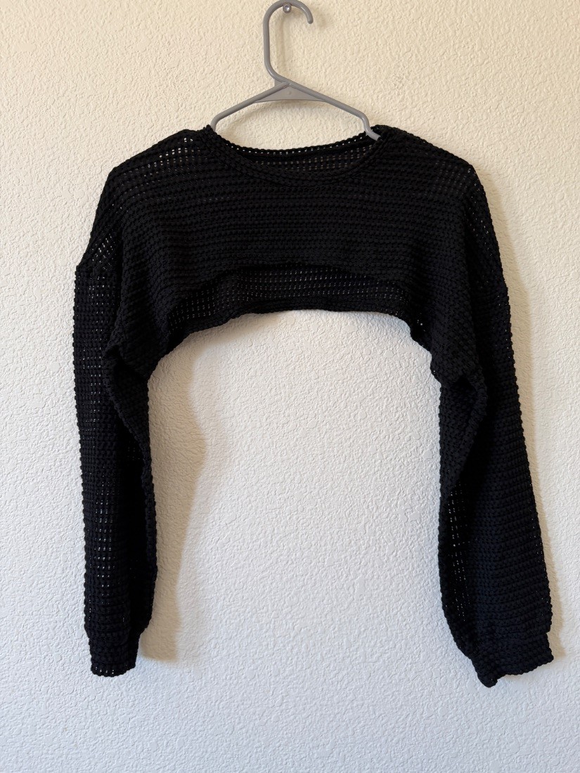 Womens Black Open Knit Mesh Cropped Sweater Long Sleeve Shrug Top M