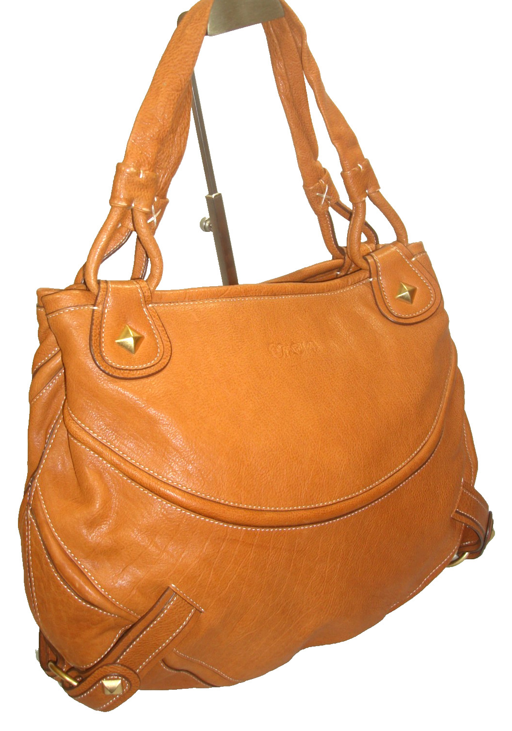 Tre Vero Luggage Tan Pebbled Leather Studs Contrast Stitching Tote Handbag NWOT!
