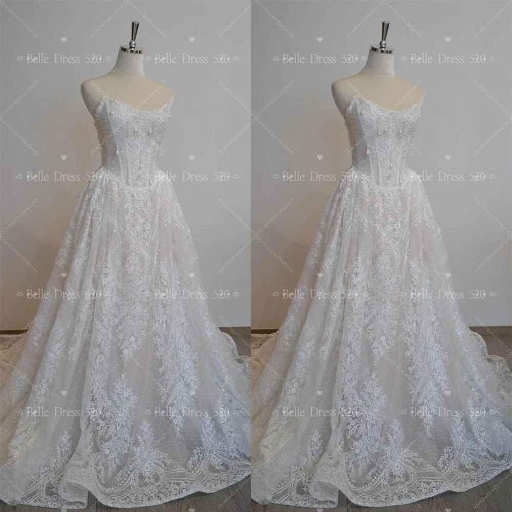 Wedding Dresses with Sweep Train Beaded Strapless Sleeveless A-Line Bridal Gown