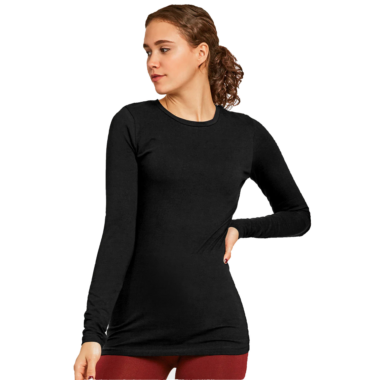 Women’s Cotton Soft T-Shirt Long Sleeve Crew Round Neck Stretch Plain Tunic Top