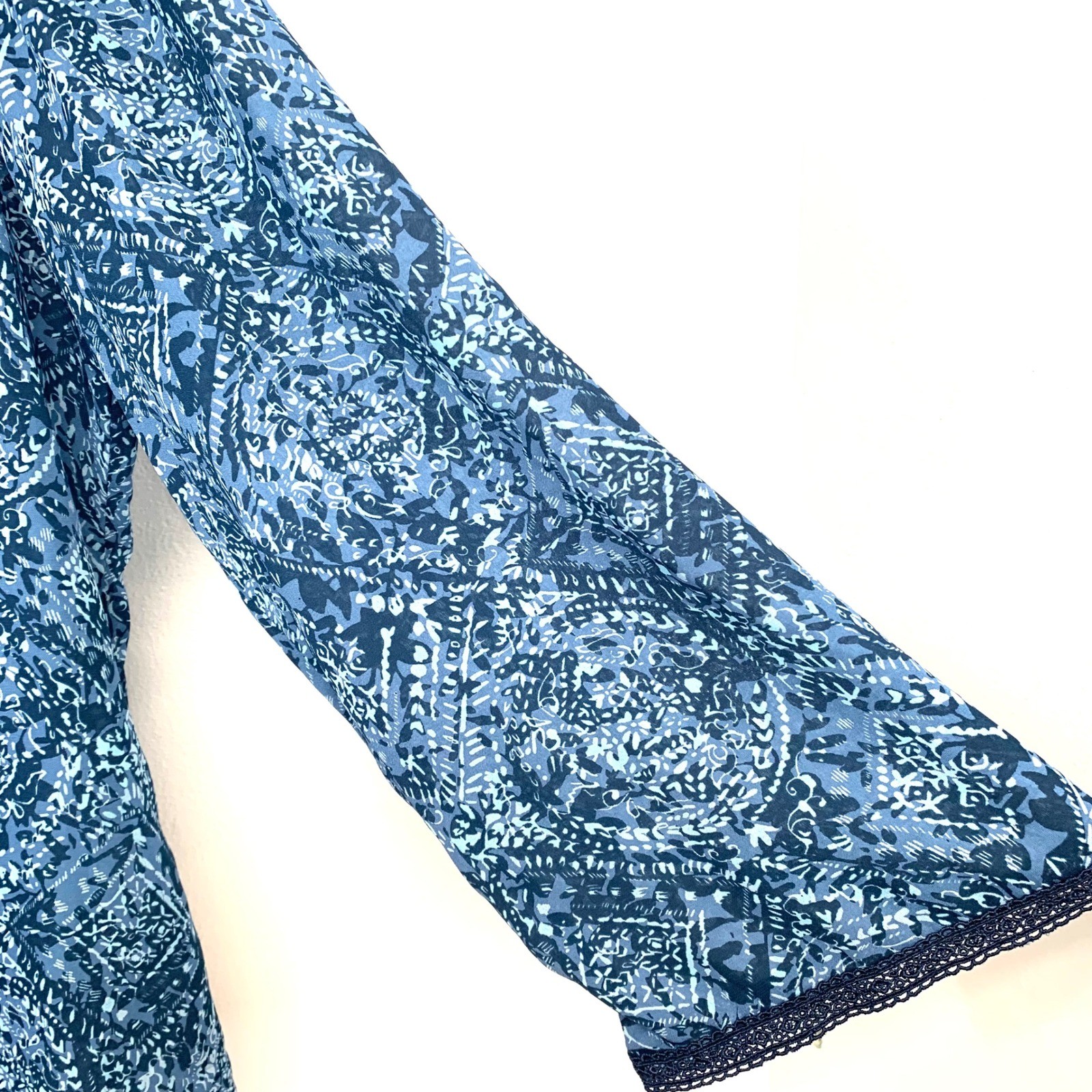 Lane Bryant Blue Paisley Crochet Trim Blouse 22/24 Boho Peasant Ling Sleeve