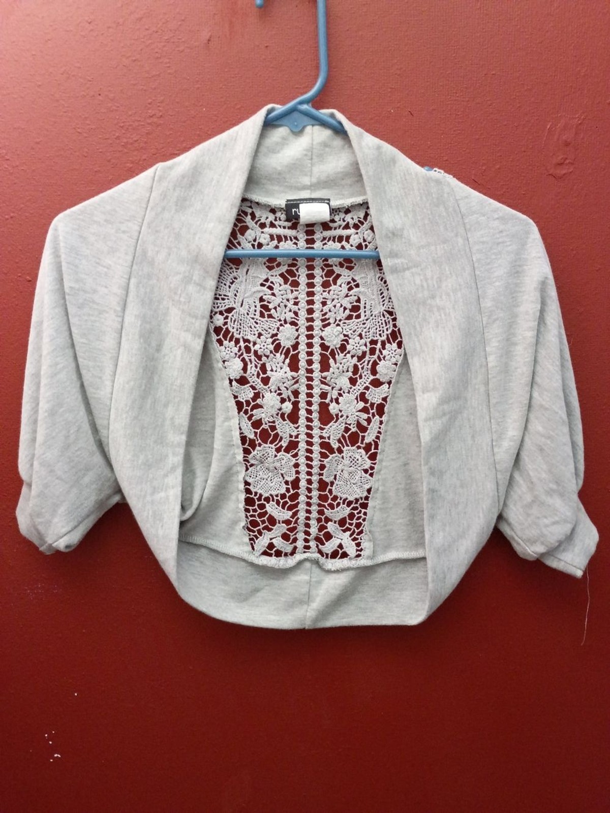 Rue21 Light Gray Crochet-Back Cropped Shrug