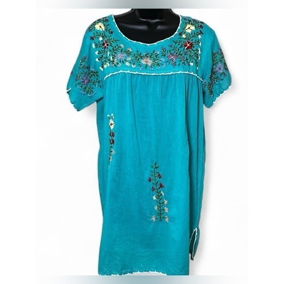 NWT Raj Turquoise Hand-Embroidered Tunic Mini Dress Floral