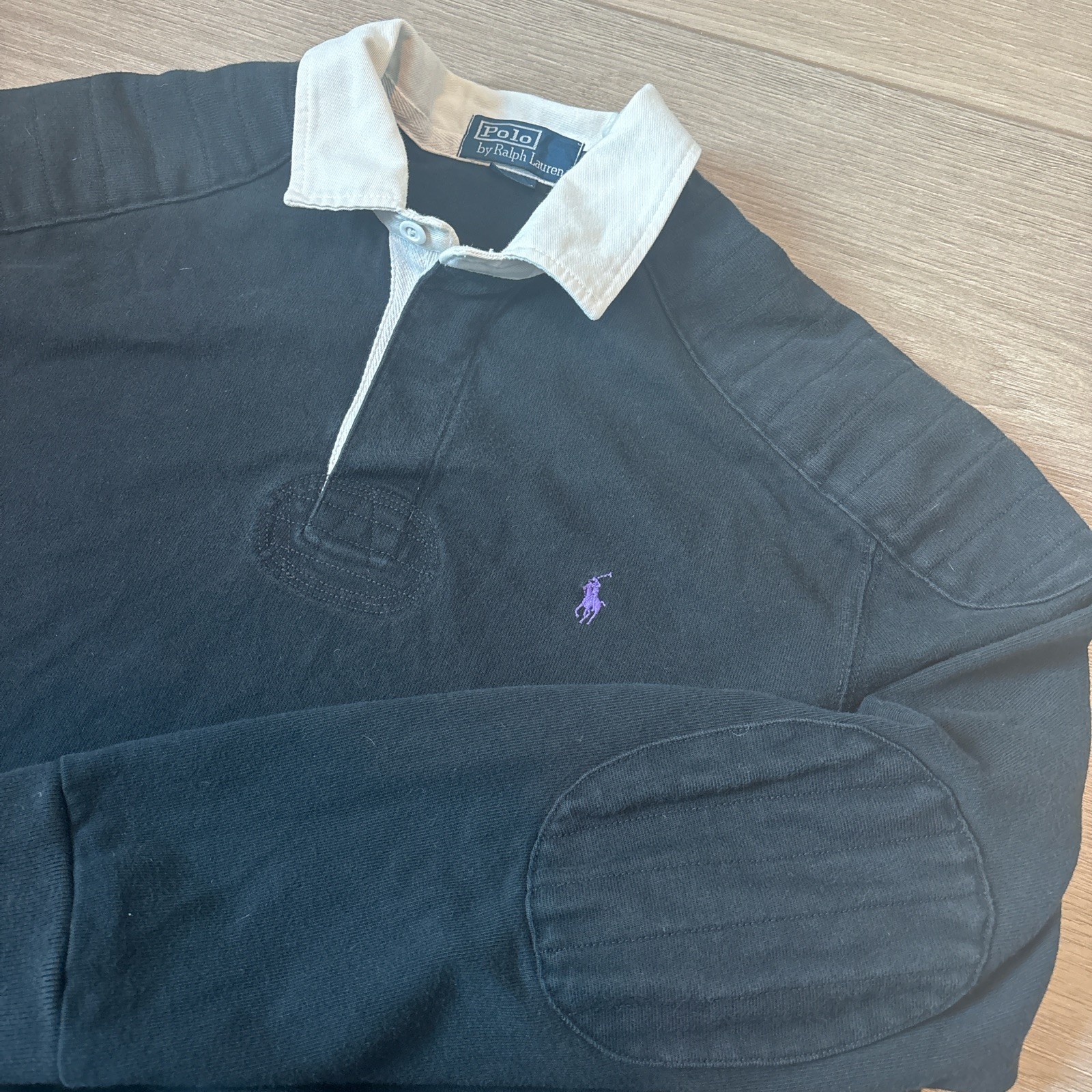Vintage Polo Ralph Lauren Men L Rugby Shirt Black White Pony Heavy 100% Cotton