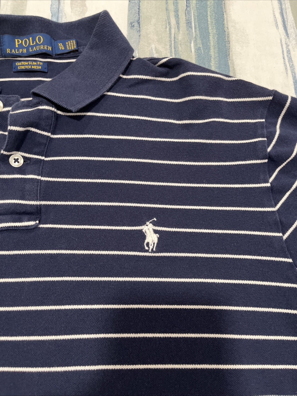 Polo Ralph Lauren Shirt Mens XL Custom Slim Fit Navy Blue White Striped Polo