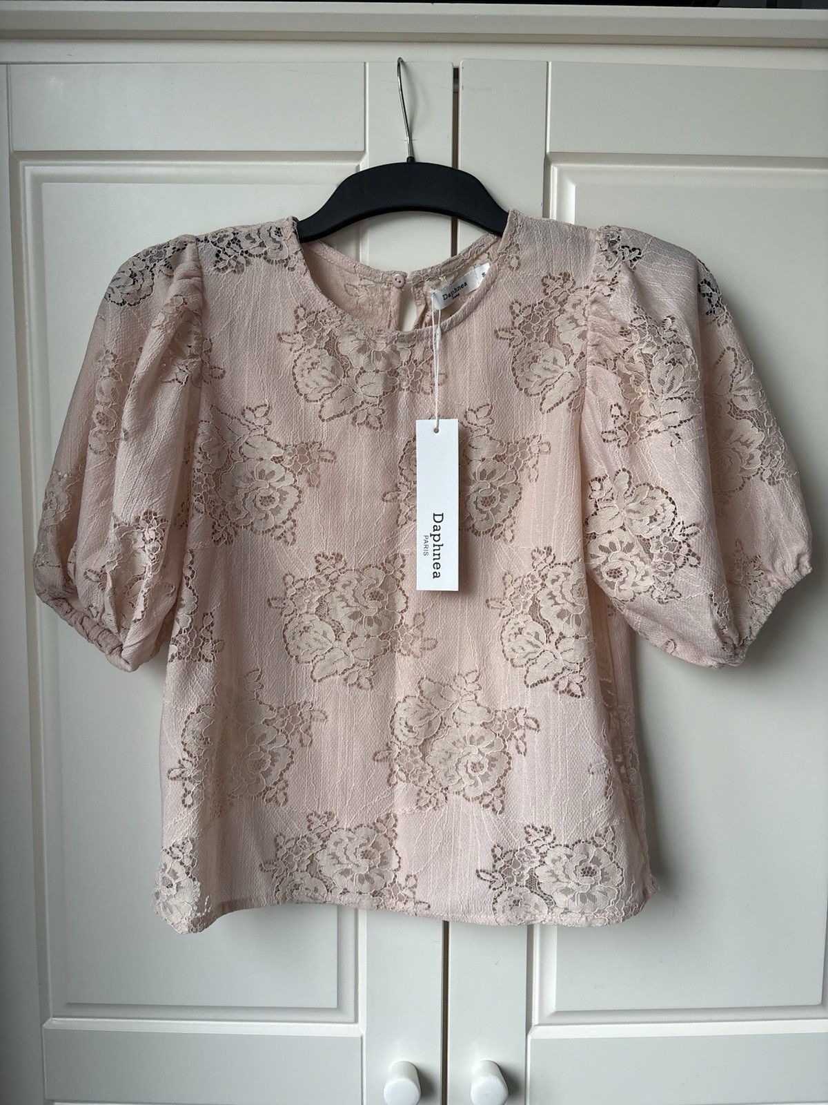 Daphnea Paris Blush Pink Lace Puff Sleeve Top Size S BNWT