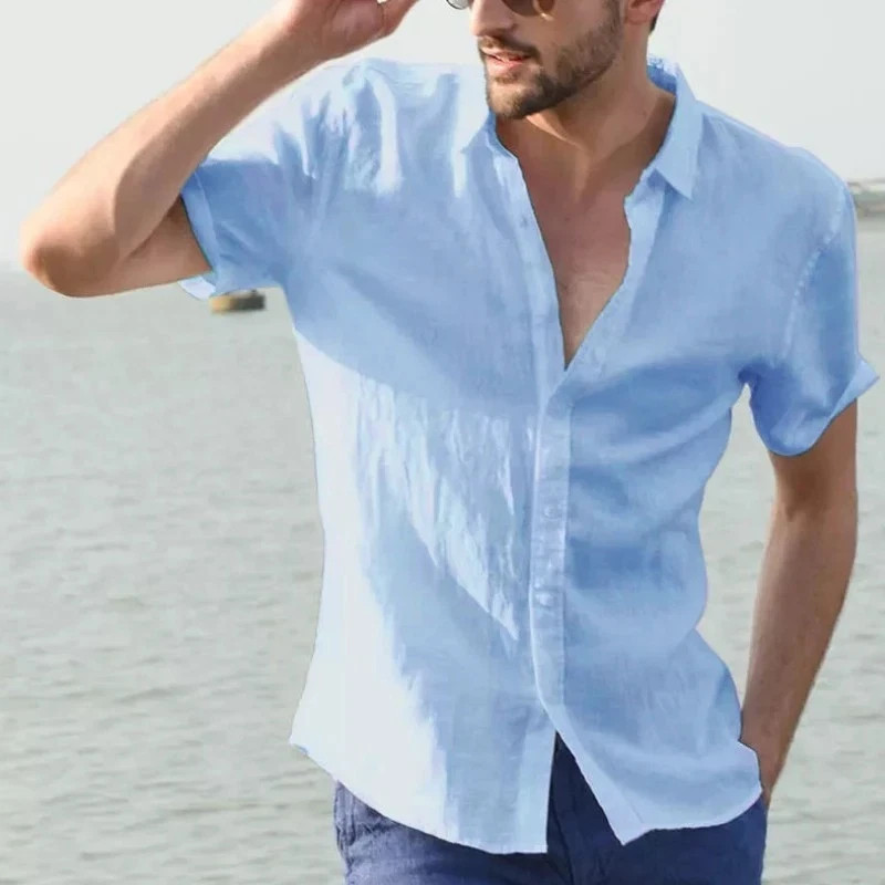 2026 NEW Men’s Summer Cotton Linen Short Sleeve Shirt Casual Solid Button-Down